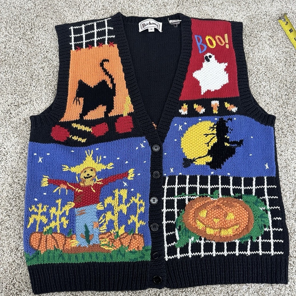 Retro Vintage 90s Bechamel Medium Halloween Black Vest Embroidery Knit Fall